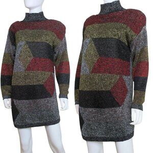 Beldoch Popper Abstract Metallic Mini Sweater Dress 90s Y2K Women's Medium